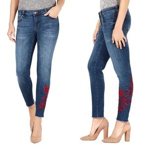 Kut From the Kloth Connie Straight Frayed Open Hems with Red Embroidery on Leg 4